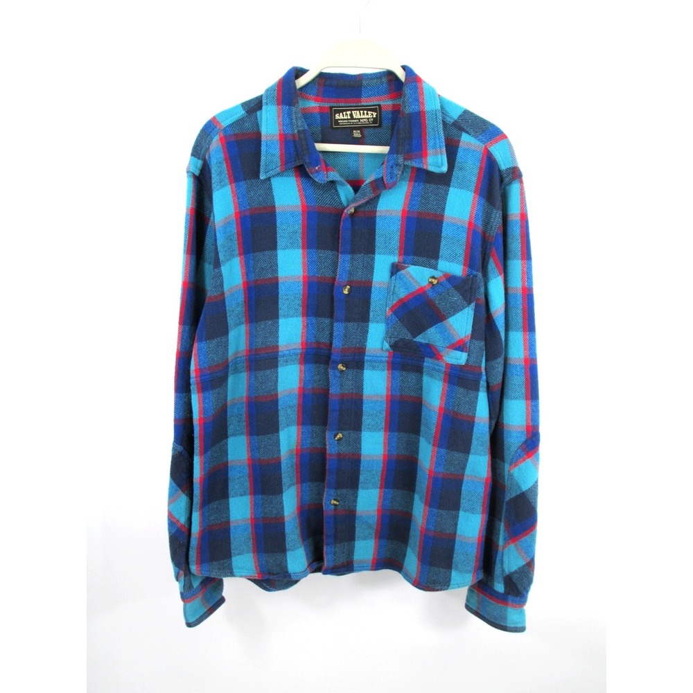 Salt Valley Men Blue Plaid Flannel Shirt Long Sleeve Button Up Work Wear M